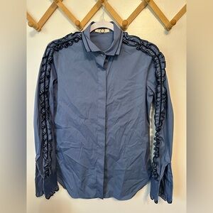 Mantu‎ Women's Light Blue 100% Cotton Button Down Long Sleeve Shirt Ruffle Sz 38